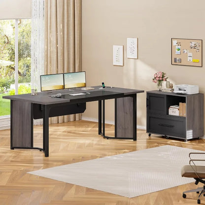 63 Executive Desk with Mobile File Cabinet for Large Office Spaces Modern L-Shaped Workstation with Built-in Power Outlets Inte