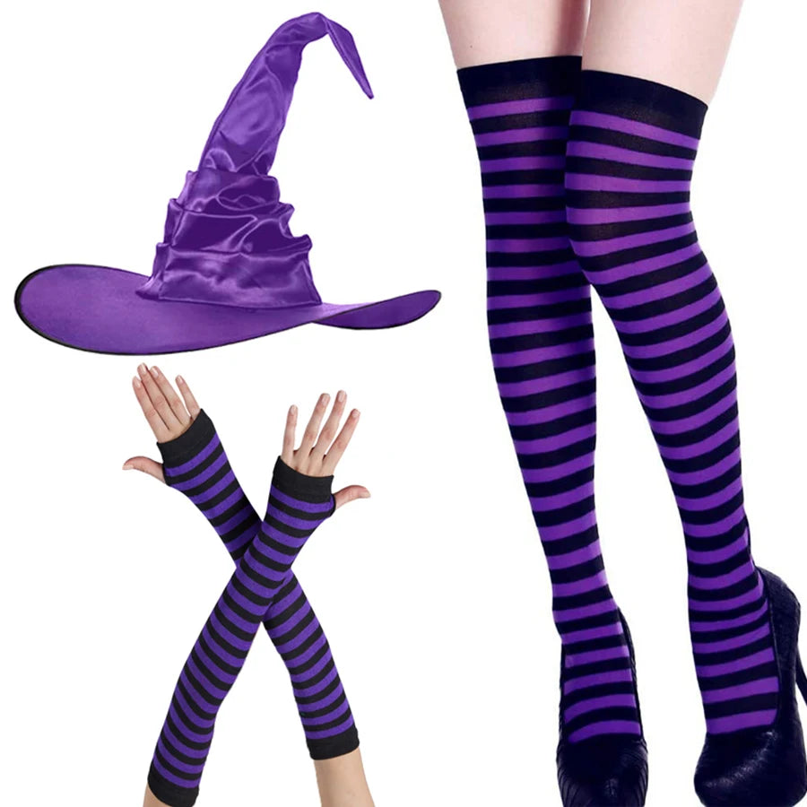 TRALOW Womens Socks Striped Knee High Socks Arm Warmer Fingerless Gloves Set Costume Accessories for Cosplay Christmas Punk