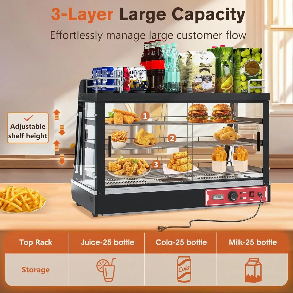 35inch 3-Tier Commercial Food Warmer with Top Rack for Milk Juice, Countertop Heat Holding Cabinet Display Case for Pizza/Pretze