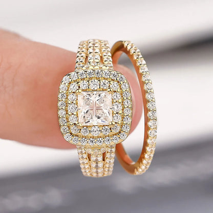 Newshe Luxury 925 Sterling Silver Halo Wedding Ring Set for Women Elegant Yellow Gold Plated Princess Simulated Diamond Rings