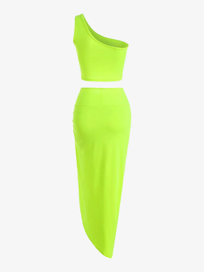 Spring and Autumn New Popular Women's Y2K Knit Off-Shoulder High Stretch Vest Top and Sexy Slit Half Skirt Set