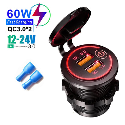 60W 2-port USB Fast Charging Socket Power Outlet Car Modified Charger QC3.0 With Touch Switch for Auto Motorcycle Accessories