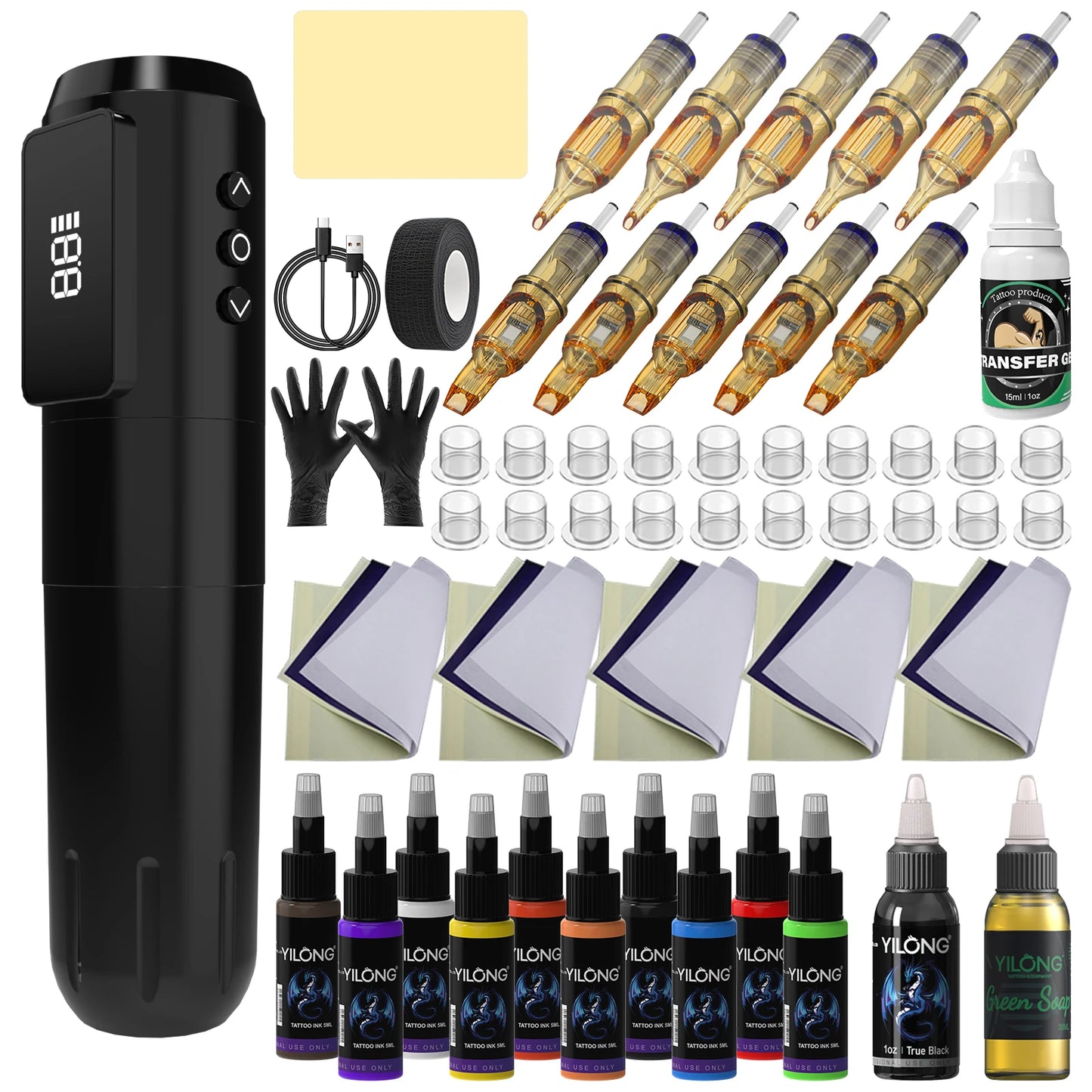 YILONG Wireless Tattoo Machine Or CompleteTattoo Pen Gun Kit With 1600MAH Power and LED Screen Rotary Tattoo Machine Pen Set