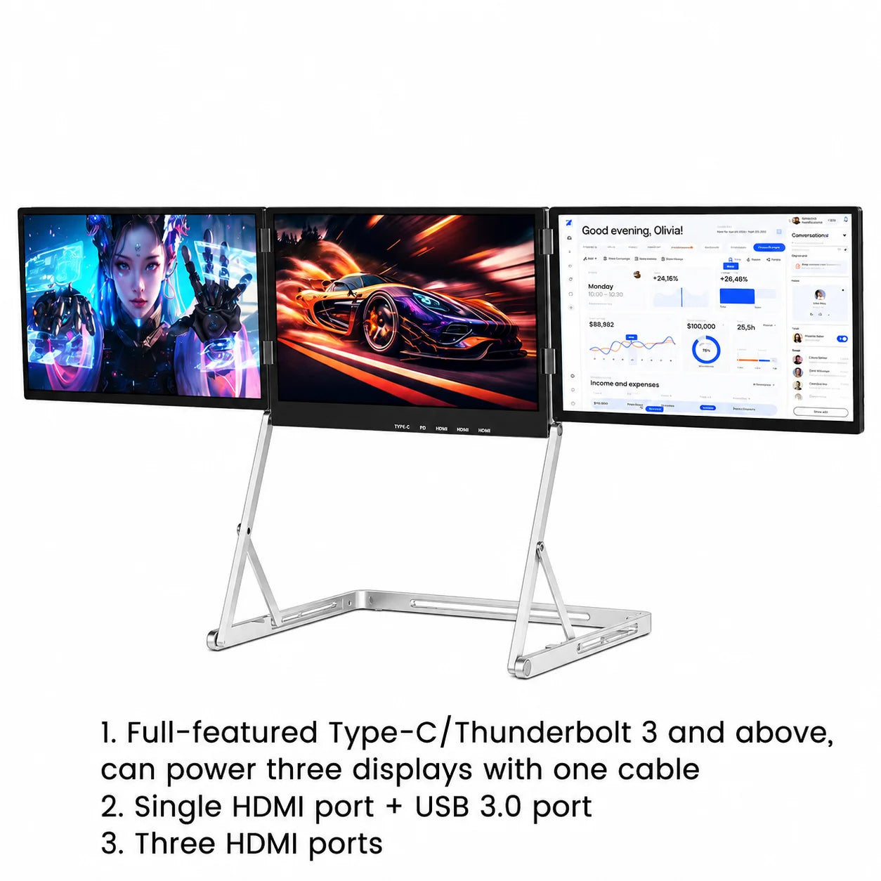 Sibolan 16 inch 2.5K Three Screen Portable Monitor 60Hz 100% sRGB Metal Body HDMI USB-C Laptop Display Extender For Wins mac OS