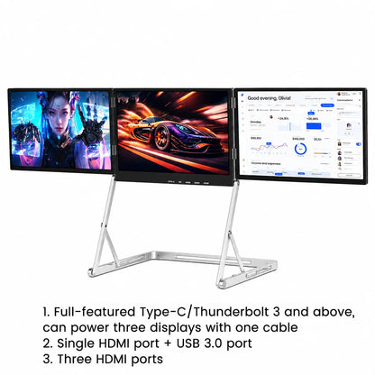 Sibolan 16" 2.5K Three Screen Portable Monitor 60Hz 100% sRGB Metal Body HDMI USB-C Plug Laptop Display Extender For Wins Mac OS