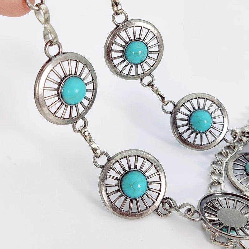 Fashion Silver Bohemian female circular waist chain luxury blue gemstone Ellipse chain belts for women suitable for Skirts dress
