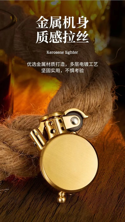 New Retro Round Kero sene Lighter Creative Metal Windproof Flame Lighter Gold and Silver Oil Lighter Smoking Accessories Tool