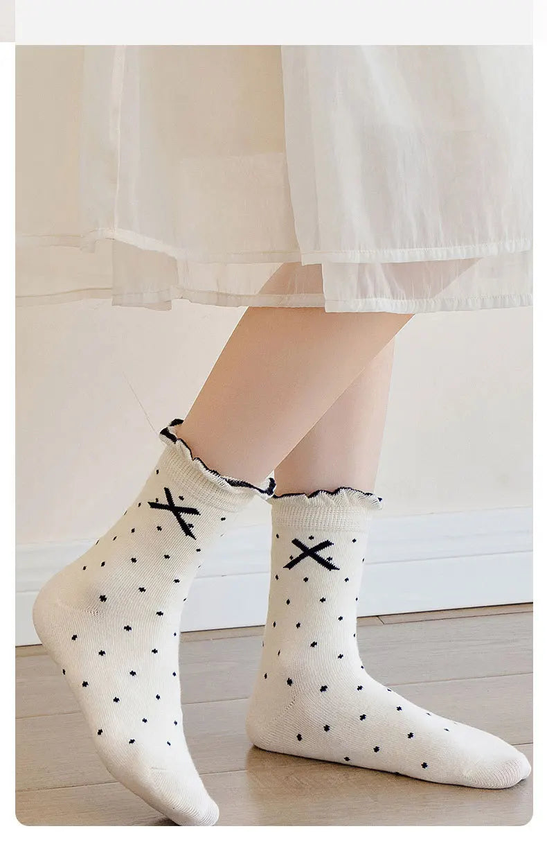 Auutumn Winter Girls Socks Retro Maillard Color Ruffle Socks Children's Calf Socks Cotton Socks  5 Pairs