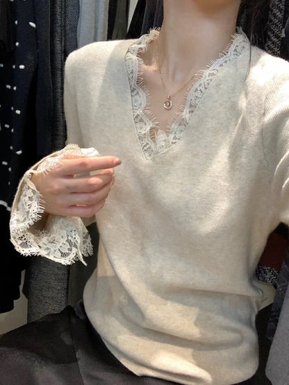 Matakawa Lace Ruffles Woman Sweaters V Neck Autumn Winter Flare Sleeve Solid Pullovers Korean Fashion Elegant Pull Femme