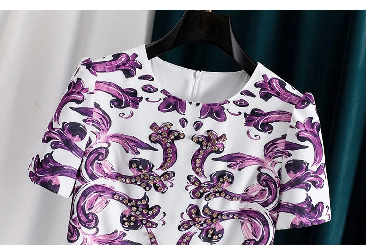Women Purple Blue and White Porcelain Print Dress Beaded Short Sleeve Loose Straight Summer Casual Midi Dress 2026
