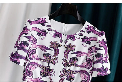 Women Purple Blue and White Porcelain Print Dress Beaded Short Sleeve Loose Straight Summer Casual Midi Dress 2026
