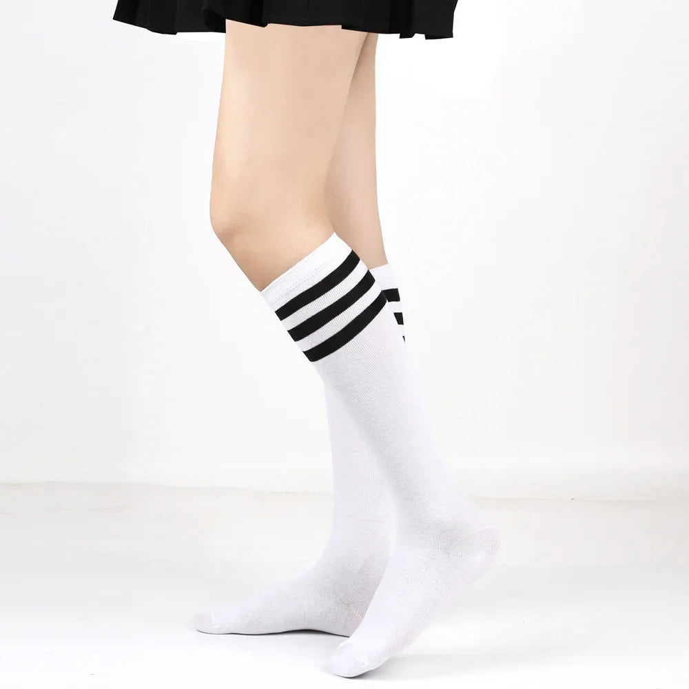 Middle Tube Sock Women Striped Knee High Ladies Japanese Harajuku College Style Cotton Summer Calf Sock Black White Female Gift