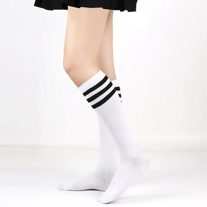Middle Tube Sock Women Striped Knee High Ladies Japanese Harajuku College Style Cotton Summer Calf Sock Black White Female Gift