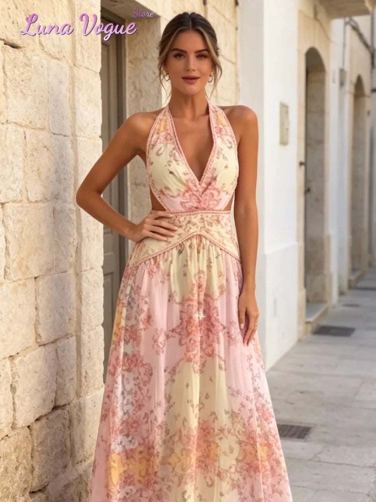Vintage Floral Halter Deep V Neck Women's Dress Sexy Side Waist Cutout Flowy Long Sundress Summer New Chic Vacation Party Outfit