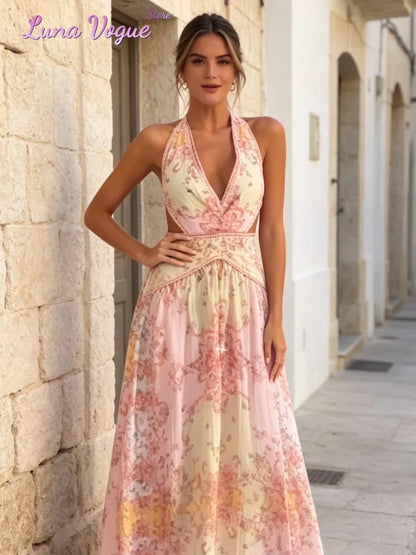 Vintage Floral Halter Deep V Neck Women's Dress Sexy Side Waist Cutout Flowy Long Sundress Summer New Chic Vacation Party Outfit