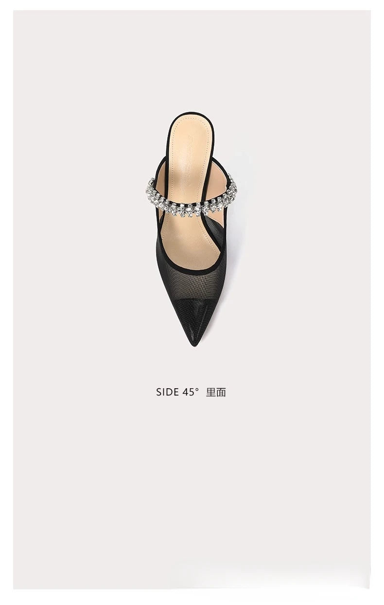 2024 New One Word Water Diamond Women's Summer Baotou Mesh Fine Heels Pointed High Heels Black Slippers