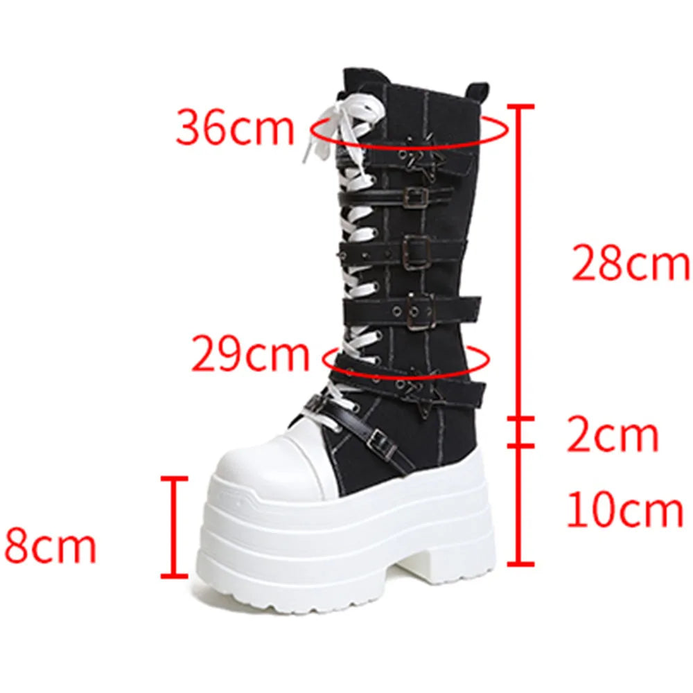 2026 Winter Punk Women Platform Knee High Boots Canvas Patchwork Lace-up Multi Metal Buckle Straps Chunky Heel Motorcycle Boots