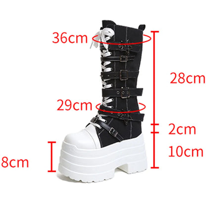 2026 Winter Punk Women Platform Knee High Boots Canvas Patchwork Lace-up Multi Metal Buckle Straps Chunky Heel Motorcycle Boots