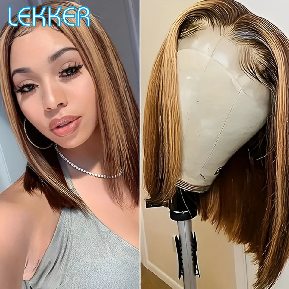 100% Human Hair Wigs Highlight Brown Long Pixie Straight Bob Middle Part lace Front For Women Brazilian Remy hair Glueless Wigs