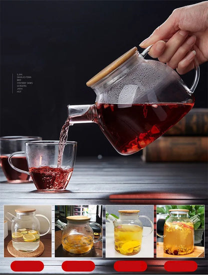 1/1.8L Transparent Glass Teapot with Bamboo Lid Heat-Resistant Glass Pitcher Thickened Glass Flower Tea pot Puer Kettle Office