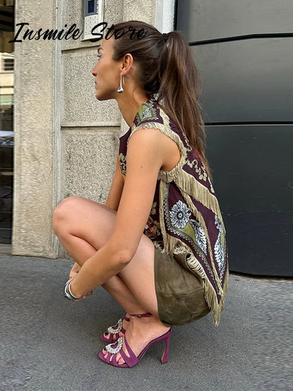 Fashion Tassel Printed Irregular Top Women Loose O-neck Sleeveless Patchwork Vest 2026 Summer Lady New Casual Beach Y2k Outfit