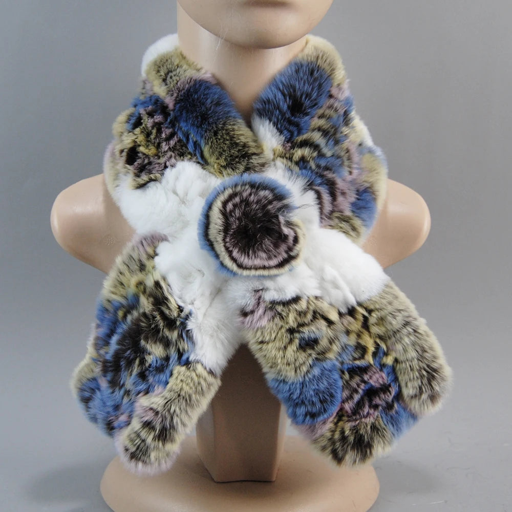 Hot Russian Women Knit Real Rex Rabbit Fur Scarf Lady Fashion Floral Rex Rabbit Fur Mufflers Hot Winter Warm Natural Fur Scarves