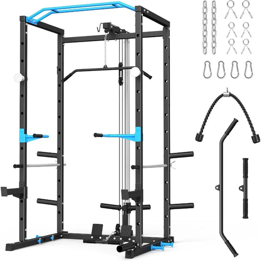 Power Cage MultiFunctional Squat Rack for Home Gym with Cable Crossover System 1600LBS Weight Capacity Strength Training Equipm