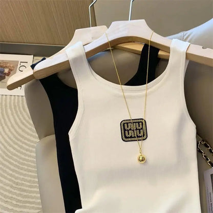 Women Summer Simplicity Slim Appear Thin Letter Embroidered Solid Color Camisole Ladies Fashion Office Lady All-match Trend Tops