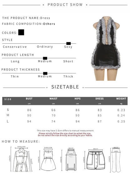 Kliou Faux Leather Mini Dress Woman Furry Patchwork Halter Deep V-Neck Backless Skinny Peach Hip Hottie Street Fashion Clothing