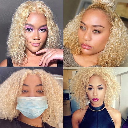 613 Honey Blonde 13x6 HD Lace Frontal Wig Human Hair Curly 10inch Deep Wave Brazilian bob Colored 13x4 Lace Front Wigs For Women