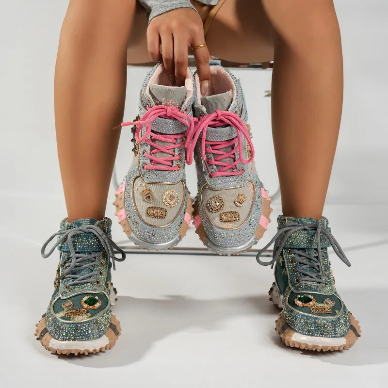Luxury Rhinestone Casual Women's Sneakers High Top Thick Bottom Loafers 2026 Fashion Comfort Lace Up Women Shoes Tênis Feminino