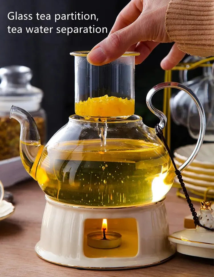 British Handle Ceramic Glass Teapot With Candle Heating Base Set European Porcelain Coffee Pot Afternoon Tea Home Decoration