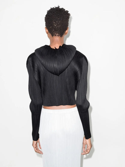 Miyake Pleated Long Sleeved Short Cropped Hoodie Black Tops