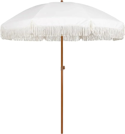 #For 7ft Patio Umbrella with Fringe Outdoor Tassel Umbrella UPF50+ Premium Steel Pole and Ribs Push Button Tilt,  Gazebo&