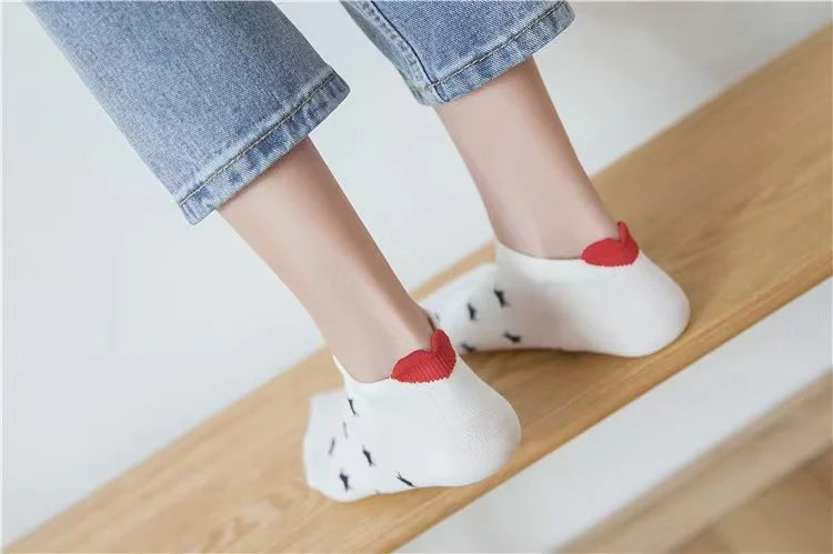 5 Pairs Lot Pack Women Socks Spring Summer Animal Unicorn Cat Fox Ear Cartoon Happy Funny Cute Lovely Cotton Ankle Socks Heart