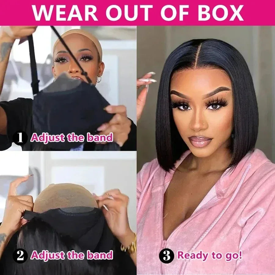 Short Bob Wigs Straight Glueless Wig Ready To Wear Human Hair Wigs Pre Cut 4x4 Elastic Drawstring Upgraded No Glue Lace Air Wig