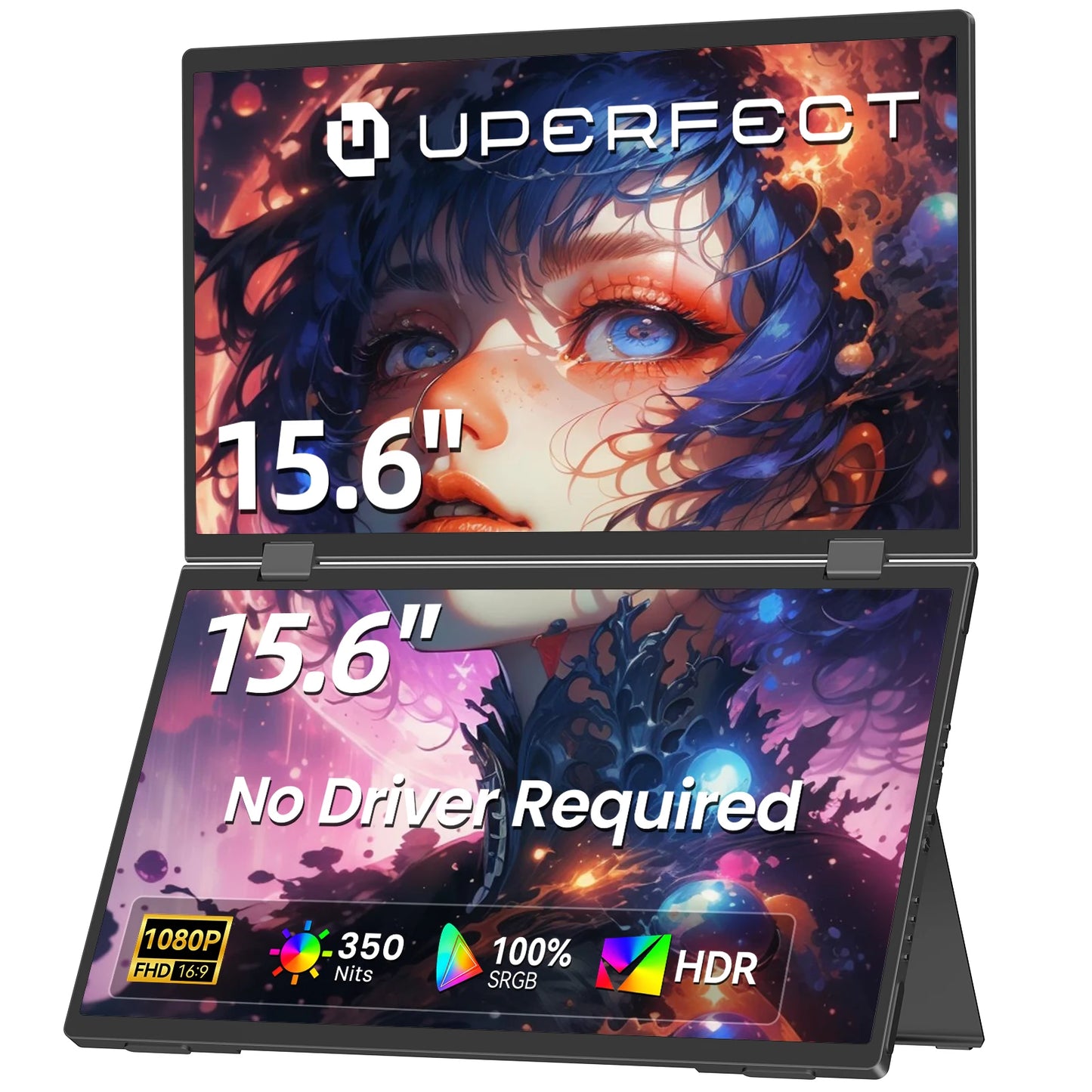 UPERFECT Laptop Screen Extender 15.6' FHD 1080P 360° Foldable Dual Monitors 100% SRGB HDMI USB-C Stacked Triple Portable Monitor