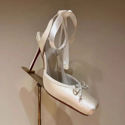 2026 Women Summer High Heeled Shoes for Woman's Square Toe Thin Heels Butterfly-Knot Pumps Sexy Ladies Ankle Strap Wedding Shoes
