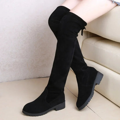 Faux Suede Female Heels Autumn Winter Elastic Knee-high Boots for Women Tube Lace-up Thigh Boots Black Botas