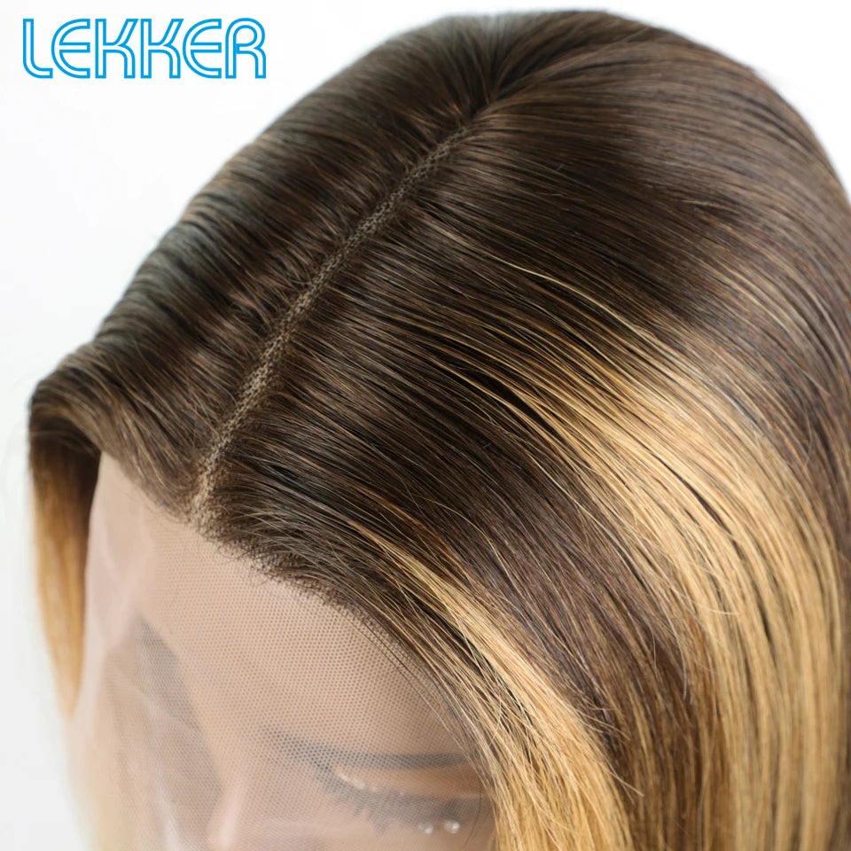 100% Human Hair Wigs Highlight Brown Long Pixie Straight Bob Middle Part lace Front For Women Brazilian Remy hair Glueless Wigs