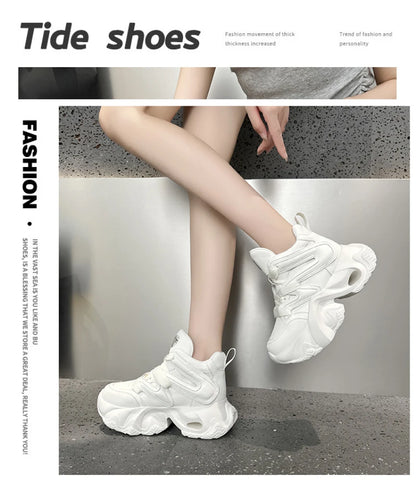Chunky Platform Hidden Height Increasing Sneakers Casual Lace Up Shoes In White And Grey With Hollow Out Design For Streetwear