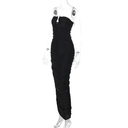 Dulzura Sleeveless Strapless Pleated Maxi Dress With Button Women’S Sexy Elegant Long Dress Party Club Office Spring Summer