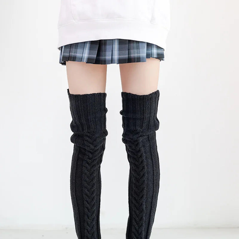Women Winter Warm Breathable Long Johns Mohair Knee Length Knitted Wool Stretch High Sockings Femboy Leg Warmers Kawaii Clothes