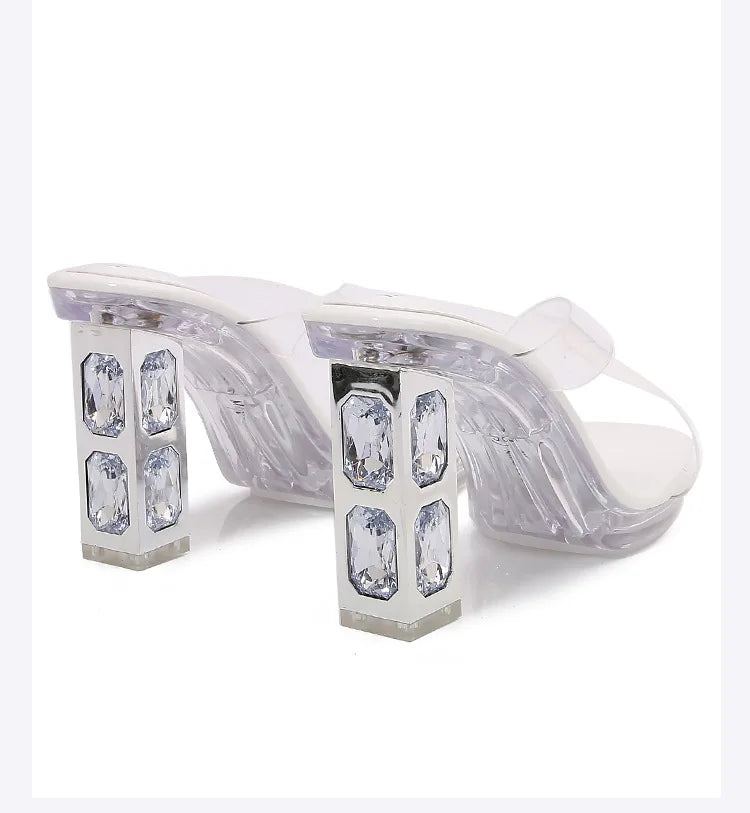 2025 Red High Heels 8cm Women Shoes Rhinestone Thick Heels Square Toe Ladies Pumps Cross Tie Straps Slippers Sandals Party Shoes