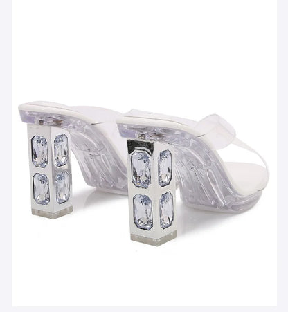 2025 Red High Heels 8cm Women Shoes Rhinestone Thick Heels Square Toe Ladies Pumps Cross Tie Straps Slippers Sandals Party Shoes