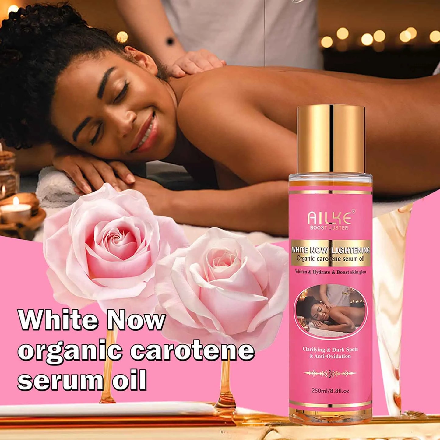 AILKE Organic Carotene Serum Brightening Body Oil, Smooth Skin, Moisturizing, With Vitamin E, Rose Essential Oil, 250ml/ 8.8 oz