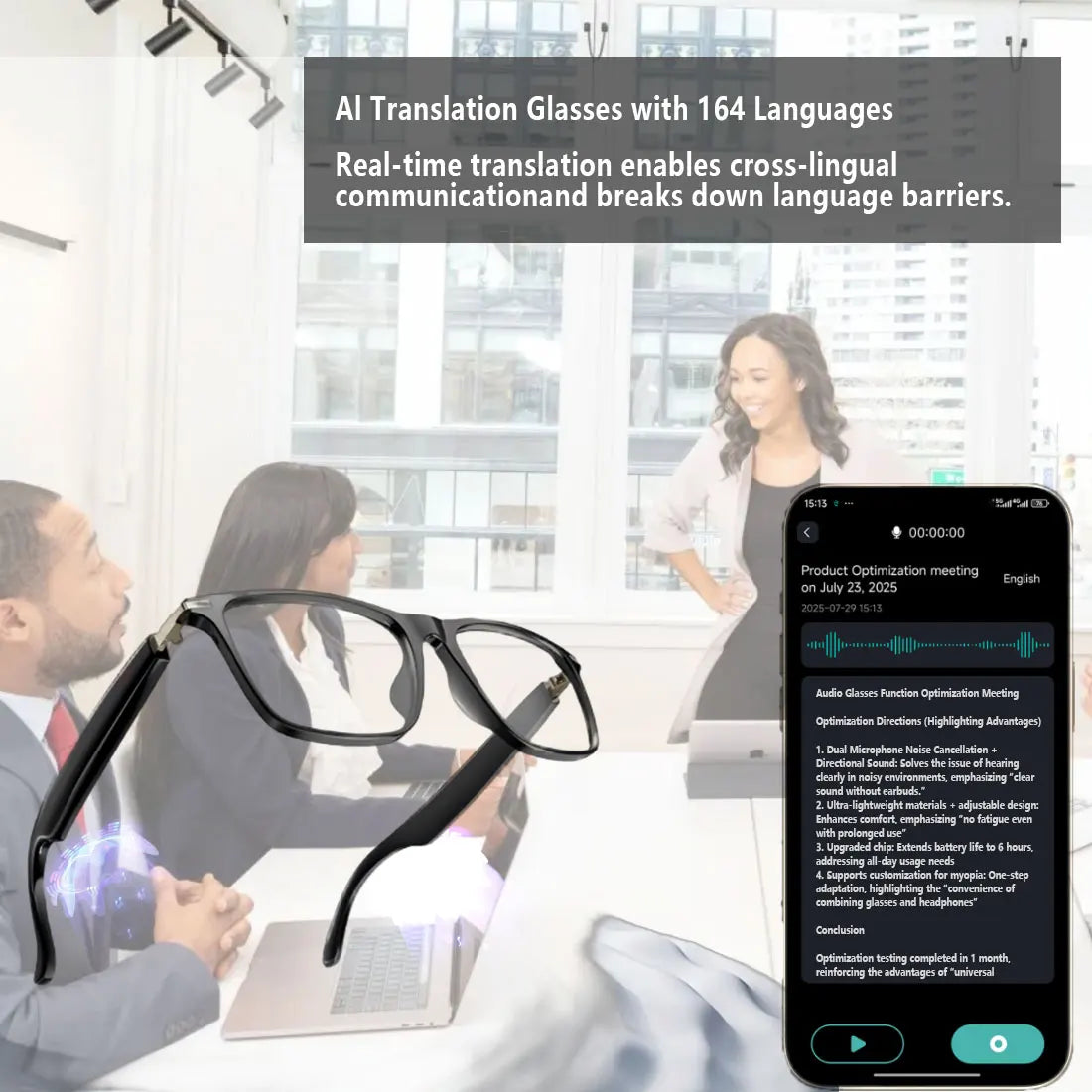 Smart AI translation glasses, real-time app translation in 164 languages, photochromic lenses, flat gray-black lenses.