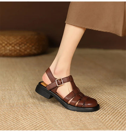 2023 Women Sandals Retro Genuine Leather Luxury Roman Sandals Casual Buckle Strap Summer Shoes GLADIATOR Thick Heel Women Shoes