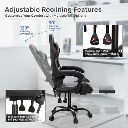 Gaming Chair, Ergonomic Gaming Chair with Footrest & Headrest Lumbar Support, Height Adjustable Swivel Compute