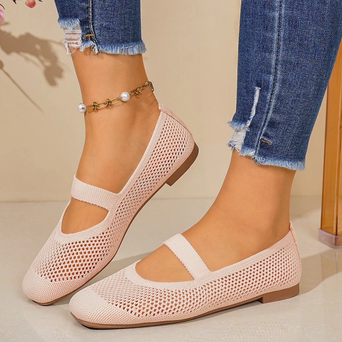 Women Flats Shoes Slip on Foldable Loafers for Women Square Toe Single Shoes Hollow Out Fashion Mom Casual Shoes for Ladies